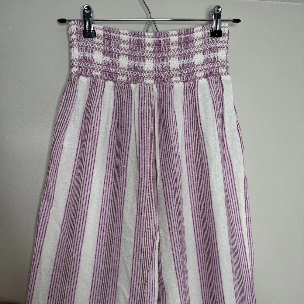 REWASH Women's Striped Smocked Waist Wide Leg High Rise Linen Blend Pants Size S